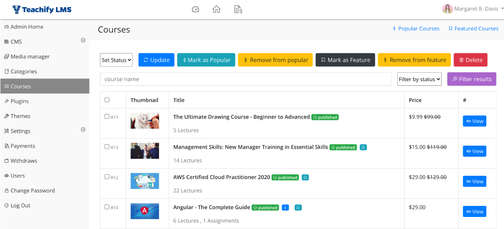 All courses in the admin panel - teachify lms