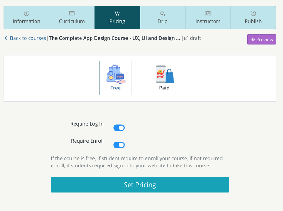 set course pricing - teachify lms