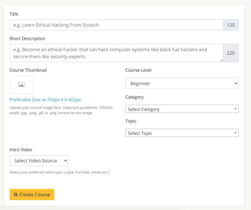 teachify lms course creation page