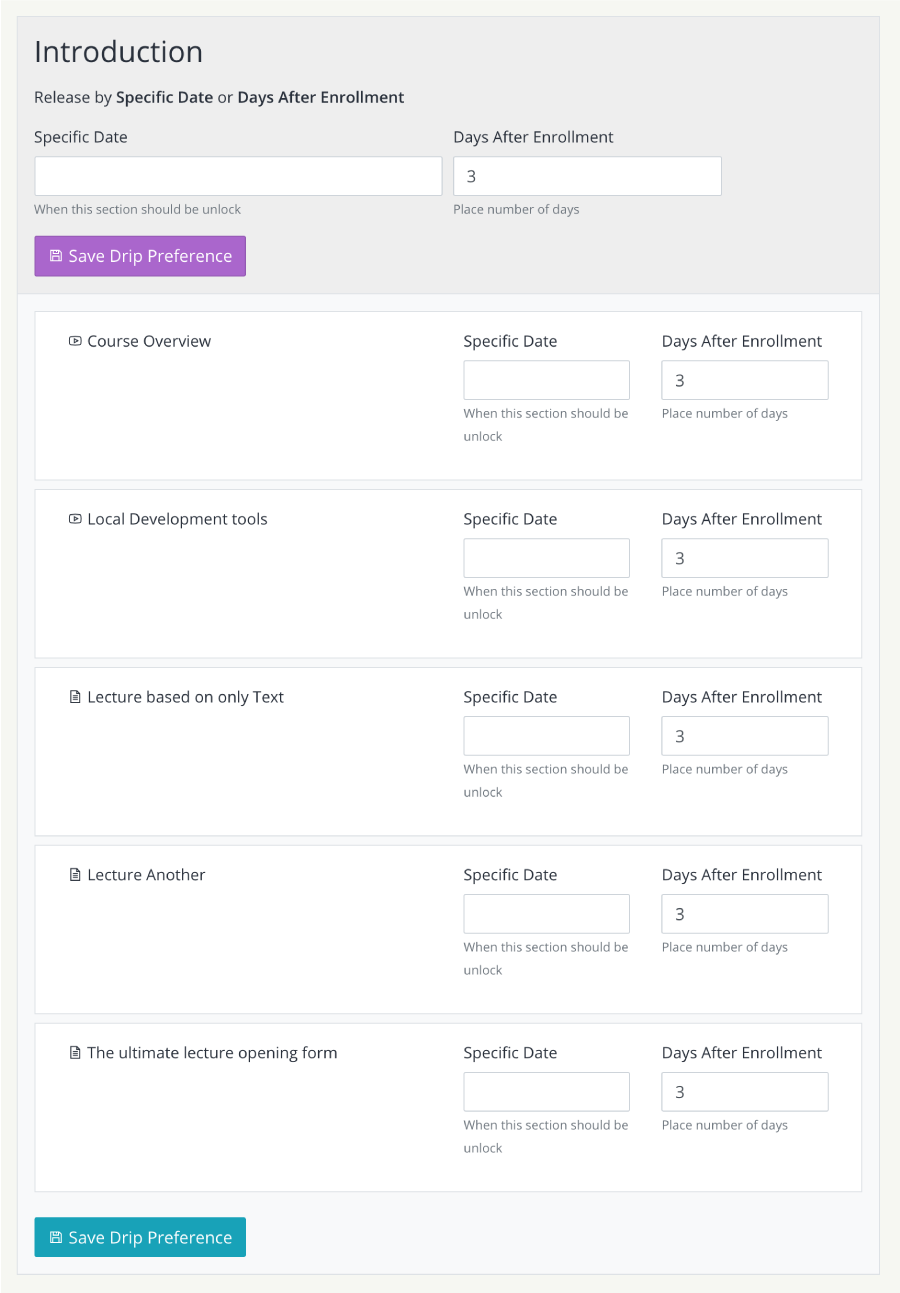 Drip content by days after enrollment, teachify lms