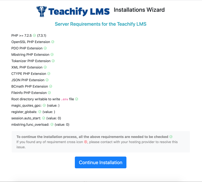 Teachify LMS installation wizard