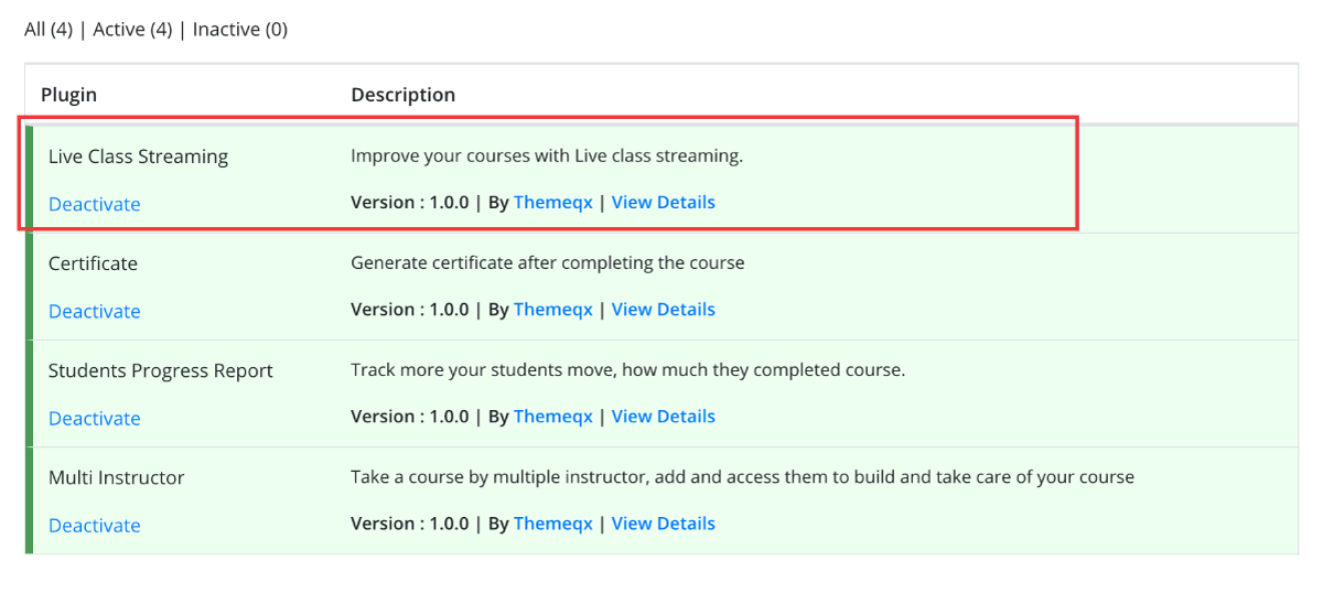 Activated Plugins - Teachify LMS