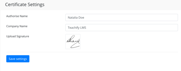 certificate -settings - teachify lms