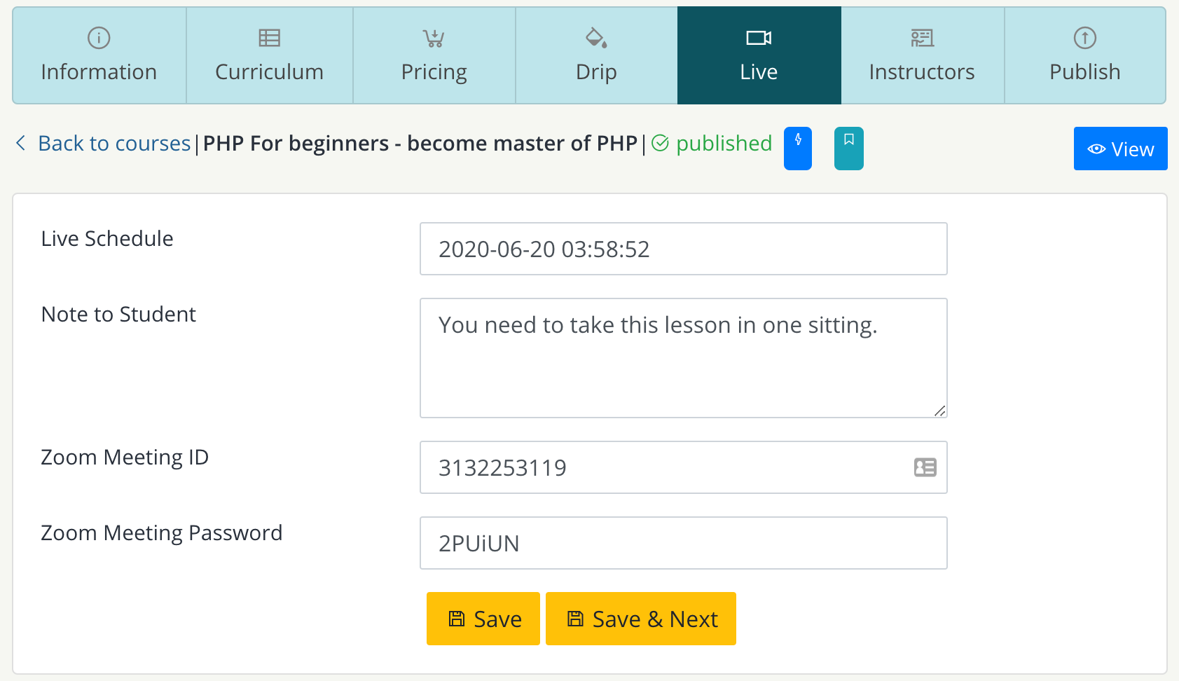 Live course configure - teachify lms